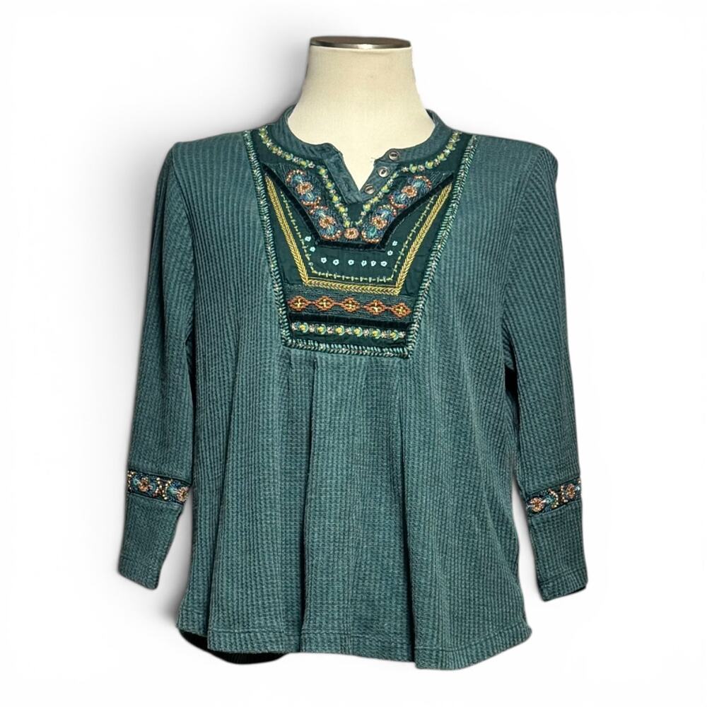 Soft Surroundings Cotton Waffle 3/4 Sleeve Embroidered Beaded Tunic Top Green 1X